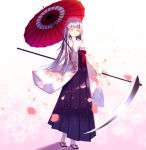  1girl ^_^ bangs blunt_bangs cherry_blossoms closed_eyes closed_mouth floral_print flower full_body furisode hair_flower hair_ornament hakama japanese_clothes kimono kokkeina_budou lavender_hair long_hair meiji_schoolgirl_uniform oriental_umbrella original petals pleated_skirt sandals scythe shinigami skirt sleeves_past_wrists smile solo standing umbrella very_long_hair white_background white_legwear 