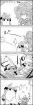  1girl 4koma animal_ears backpack bag bow braid cat_ears cat_tail comic commentary_request ghost greyscale hair_bow hat highres kaenbyou_rin kawashiro_nitori key laser_pointer monochrome multiple_tails tail tani_takeshi touhou translation_request twin_braids twintails yukkuri_shiteitte_ne 