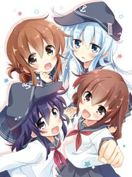  4girls akatsuki_(kantai_collection) anchor_symbol black_eyes black_hair blue_eyes blush brown_eyes brown_hair fang flat_cap hat hibiki_(kantai_collection) highres hizuki_yayoi ikazuchi_(kantai_collection) inazuma_(kantai_collection) kantai_collection long_hair looking_at_viewer multiple_girls neckerchief open_mouth purple_hair school_uniform serafuku short_hair silver_hair 