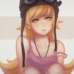  1girl bakemonogatari blonde_hair goggles_on_helmet helmet koyorin long_hair looking_at_viewer monogatari_(series) oshino_shinobu solo strap_slip yellow_eyes 