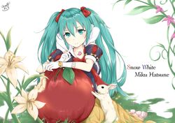  1girl apple aqua_eyes aqua_hair flower food fruit gloves hatsune_miku highres jewelry long_hair looking_at_viewer necklace rabbit snow_white snow_white_(cosplay) snow_white_and_the_seven_dwarfs takumin_(takumi415) twintails vocaloid white_gloves 