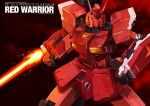  amazing_red_warrior beam_saber commentary_request cowboy_shot fighting_stance glowing glowing_eyes gundam gundam_build_fighters gundam_build_fighters_try highres kzchan mecha no_humans plamo_kyoshiro red shield 