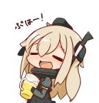  1girl alcohol beer beer_mug chibi closed_eyes commentary_request garrison_cap hat kantai_collection long_hair nuu_(nu-nyu) open_mouth simple_background solo translation_request u-511_(kantai_collection) white_background 