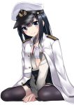  1girl asashio_(kantai_collection) bangs between_legs black_hair blue_bra blue_eyes blush bow bow_bra bra buttons hand_between_legs hat highres jacket jacket_on_shoulders kantai_collection long_sleeves looking_at_viewer military military_hat military_uniform naval_uniform neck_ribbon open_clothes open_jacket open_shirt oversized_clothes peaked_cap pleated_skirt red_ribbon ribbon shirt simple_background sitting skirt smile solo straight_hair takamiya_nao thigh-highs underwear uniform wariza white_background 
