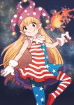  1girl american_flag_dress american_flag_legwear blonde_hair blush closed_mouth clownpiece dress fire gloves hat hituzirobo horizontal_stripes jester_cap looking_at_viewer neck_ruff pantyhose pointy_ears polka_dot red_eyes short_dress sleeveless sleeveless_dress smile solo standing standing_on_one_leg star star_print striped torch touhou white_gloves 