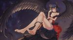  1girl absurdres bangs bare_legs bare_shoulders barefoot black_wings blue_hair blurry breasts center_opening choker cleavage collarbone demon_horns demon_tail depth_of_field dress error feathered_wings feathers feet flying full_body hair_bun highres horns kohaku_(ambermoe) legs legs_crossed long_hair looking_at_viewer love_live! love_live!_sunshine!! navel night night_sky no_bra parted_lips red_dress sky smile solo spread_wings star_(sky) starry_sky strapless strapless_dress tail toes tsushima_yoshiko v_over_eye violet_eyes wings wrong_feet 
