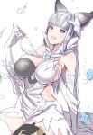  1girl :d alternate_breast_size amamiya_(abaros) animal_ears asymmetrical_clothes asymmetrical_legwear bangs black_legwear blue_eyes blue_rose blunt_bangs breasts cat_ears dress elbow_gloves erun_(granblue_fantasy) flower gloves granblue_fantasy hair_ornament holding korwa large_breasts long_hair looking_at_viewer open_mouth quill rose short_dress skindentation smile solo thigh-highs white_gloves white_hair white_legwear zettai_ryouiki 