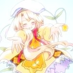  1girl blonde_hair bow closed_eyes facing_viewer flower flower_knight_girl hat koko_(hm142533) long_hair orange_skirt red_bow sandersonia_(flower_knight_girl) skirt smile solo white_background white_hat 