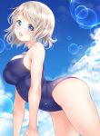  1girl arms_at_sides bare_arms bare_legs blue_eyes blue_swimsuit breasts clouds cloudy_sky from_side gorua_(youce01) hair_between_eyes large_breasts light_brown_hair light_particles looking_at_viewer love_live! love_live!_school_idol_project love_live!_sunshine!! one-piece_swimsuit open_mouth short_hair sky swimsuit thighs watanabe_you wet 