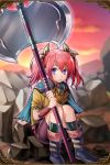  1girl artist_request axe bangs belt blurry_background blush boots bow bracer braid capelet clouds flat_chest grand_sphere grass hair_between_eyes hair_ornament highres kneehighs multicolored_eyes rock short_sleeves short_twintails shorts sitting sunset twintails weapon 