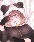  1girl adjusting_glasses animal_costume artist_name bangs black-framed_eyewear brown_eyes brown_hair eyebrows eyebrows_visible_through_hair fur_trim glasses gloves hand_up highres leaf looking_at_viewer mei_(overwatch) mouth_hold overwatch panda_costume panda_hood panza short_hair sidelocks solo swept_bangs upper_body zipper 