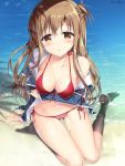  1girl :o arm_support asuna_(sao) beach bikini bikini_under_clothes blush breasts brown_eyes brown_hair cleavage front-tie_bikini front-tie_top long_hair looking_at_viewer medium_breasts navel partially_submerged school_uniform shiny shiny_skin side-tie_bikini solo sousouman striped swimsuit swimsuit_under_clothes sword_art_online thigh_gap undressing 