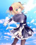  1girl black_legwear blonde_hair blue blue_skirt bow clouds cowboy_shot flower_knight_girl green_eyes haineko_(die_verschwand) hair_ornament looking_at_viewer looking_back nail_polish outstretched_arms pantyhose shawl short_hair skirt sky smile snowdrop_(flower_knight_girl) solo spread_arms white_bow 