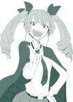  &gt;:d 1girl :d anchovy belt birii cape drill_hair female girls_und_panzer hair_ribbon hand_on_hip long_hair long_sleeves looking_at_viewer monochrome necktie open_mouth ribbon school_uniform shirt simple_background skirt smile solo teeth twin_drills twintails uniform white_background 