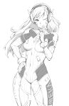  1girl ;) bodysuit breasts covered_navel d.va_(overwatch) finger_to_mouth gebyy-terar hand_on_hip headphones long_hair medium_breasts monochrome one_eye_closed overwatch pilot_suit sketch smile solo whisker_markings 