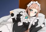  1girl apron bed blush felicia_(fire_emblem_if) fire_emblem fire_emblem_if green_eyes kagari_leroy long_hair maid maid_apron maid_headdress pillow pink_hair ponytail solo 