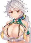  1girl bare_shoulders blush braid breastplate breasts brown_eyes choker cleavage detached_sleeves eyebrows eyebrows_visible_through_hair green_vest hair_bobbles hair_ornament huge_breasts kantai_collection lifted_by_self long_hair looking_at_viewer messy_hair midriff navel ribbon ribbon_choker short_sleeves silver_hair single_braid smile solo tassel unryuu_(kantai_collection) untying upper_body very_long_hair vest vest_lift white_ribbon yamaarashi 