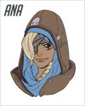  1girl ana_(overwatch) braid character_name dark_skin eyepatch face facial_mark facial_tattoo female flat_color grey_hair hijab hood looking_at_viewer old_woman overwatch simple_background solo tattoo white_background 