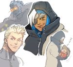  1girl 3boys ana_(overwatch) baby bare_shoulders beard blonde_hair bodysuit braid brown_eyes child coat cowboy_shot dark_skin eyepatch face facial_hair facial_mark facial_tattoo glowing glowing_eyes headband hijab hood lips mccree_(overwatch) multiple_boys old_woman overwatch reinhardt_(overwatch) shirtless short_hair simple_background sleeping smile soldier:_76_(overwatch) tattoo vivayashi white_hair yellow_eyes younger zzz 