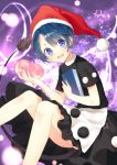  1girl blob blue_eyes blue_hair book doremy_sweet dress hat looking_at_viewer nightcap open_mouth pom_pom_(clothes) short_hair skirt smile solo tail tapir_tail tika_(mika4975) touhou 