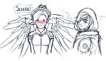 ... 2girls ana_(overwatch) blush bodysuit breasts caught comic eyepatch facial_tattoo german high_ponytail hijab hood long_hair looking_at_another looking_at_viewer mechanical_halo mechanical_wings medium_breasts mercy_(overwatch) monochrome multiple_girls murasaki-yuri narrowed_eyes old_woman overwatch profanity simple_background sketch solid_circle_eyes speech_bubble spoken_ellipsis spot_color sweat tattoo thought_bubble translated upper_body white_background wings 