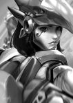  1girl armor bodysuit braid closed_mouth dark_skin eye_of_horus facial_mark facial_tattoo hair_tubes helmet highres lips looking_at_viewer monochrome overwatch pauldrons pharah_(overwatch) power_armor power_suit shoulder_pads side_braids sidelocks solo tattoo turtleneck upper_body white_background 