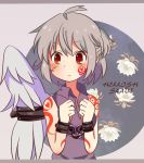  1girl ahoge bdsm blush bondage bound buna_shimeji_(keymush) chained chained_wrists chains cuts english expressionless facial_scar facial_tattoo flower half_updo injury kishin_sagume letterboxed red_eyes scar short_hair shoulder_tattoo silver_hair single_wing slave sleeveless solo tattoo touhou wings 