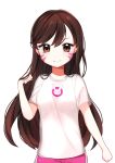  1girl absurdres bangs brown_eyes brown_hair bunny_print casual child cowboy_shot d.va_(overwatch) facepaint facial_mark hand_up highres long_hair looking_at_viewer ongyageum overwatch pink_shorts shirt short_sleeves shorts simple_background smile solo t-shirt whisker_markings white_shirt younger 