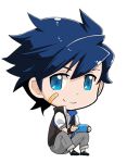  1boy bandaid bandaid_on_face blue_eyes blue_hair chibi idolmaster idolmaster_side-m male_focus playing_games simple_background sitting smile solo taiga_takeru white_background 