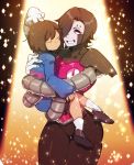  2others 3m_0l androgynous black_hair brown_hair carrying cyborg frisk_(undertale) gloves grin hair_over_one_eye jitome mettaton mettaton-ex mettaton_ex pink_eyes smile socks solid_circle_eyes sparkle thick_thighs thighs undertale white_gloves 