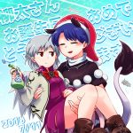  2girls :d =_= =v= artist_self-insert blue_eyes blush boots bow bowtie brooch carrying closed_eyes doremy_sweet dress hat heart holding jacket jewelry kishin_sagume multiple_girls nightcap open_mouth pom_pom_(clothes) princess_carry red_eyes short_dress silver_hair sisikuku smile tapir_ears tapir_tail touhou translation_request water_drop wings 