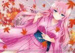  1girl akahitoha_(vocaloid) autumn_leaves blue_eyes blue_nails blurry checkered closed_mouth dutch_angle ichiyou_moka japanese_clothes long_hair long_sleeves megurine_luka nail_polish pink_hair project_diva_(series) project_diva_x solo vocaloid wide_sleeves 