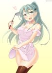  1girl :d apron blush breasts brown_legwear green_eyes green_hair hair_ornament hairclip heart kankitsunabe_(citrus) kantai_collection ladle long_hair looking_at_viewer naked_apron off_shoulder open_mouth smile solo suzuya_(kantai_collection) thigh-highs twitter_username 