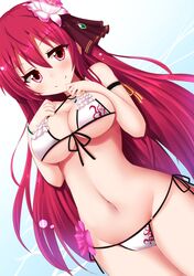  1girl bikini blush breasts cattleya_(flower_knight_girl) choker cleavage close-up dutch_angle flower flower_knight_girl frilled_bikini frills front-tie_top hair_flower hair_ornament highres large_breasts long_hair looking_at_viewer mito_yoshihiro navel red_eyes redhead side-tie_bikini smile solo standing swimsuit very_long_hair 