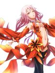  1girl bare_shoulders black_legwear breasts center_opening cleavage cowboy_shot detached_sleeves elbow_gloves fingerless_gloves gloves guilty_crown hair_ornament hairclip highres looking_at_viewer navel pink_hair red_eyes solo sugi_214 twintails yuzuriha_inori 