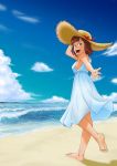  1girl amami_haruka barefoot beach brown_hair dirty_feet dress feet happy hat highres idolmaster looking_at_viewer ocean outstretched_hand short_hair smile soles solo straw_hat sundress todoroki_convoy 