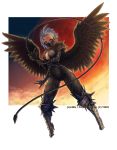  1girl armor armored_boots black_wings boots breasts cleavage company_name covered_mouth feathered_wings flying full_body highres holding holding_weapon looking_at_viewer official_art orange_eyes outstretched_arm pointy_ears ros short_hair silver_hair solo sunset tattoo weapon whip wings wixoss 