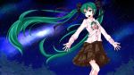  1girl :d aqua_eyes aqua_hair black_bow black_skirt blouse bow cowboy_shot green_ribbon hair_bow hatsune_miku layered_skirt long_hair long_sleeves looking_away meteor_shower neck_ribbon night night_sky oimari open_mouth outstretched_arms ribbon skirt sky smile solo spread_arms star_(sky) starry_sky twintails very_long_hair vocaloid white_blouse 