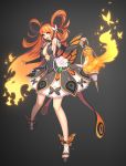  1girl :d black_background black_shoes breasts butterfly_print coolmid covered_navel detached_sleeves fire flaming_hair full_body gem hair_rings head_tilt highres holding lantern long_hair long_sleeves matching_hair/eyes open_mouth orange_eyes orange_hair original platform_footwear sandals shoes simple_background skirt smile solo very_long_hair 