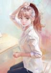  1girl adjusting_hair arata_yokoyama brown_eyes brown_hair character_request collared_shirt copyright_request from_side hand_in_hair lips looking_at_viewer nababa ponytail shirt sketch sleeves_rolled_up solo white_shirt 