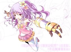  1girl armpits bow character_name copyright_name flower flower_knight_girl full_body gauntlets hair_flower hair_ornament highres layered_skirt long_hair looking_at_viewer omotekikou outstretched_arms pantyhose pink_shoes plumeria_(flower_knight_girl) purple_hair red_eyes shoes side_ponytail smile solo spread_arms white_background white_legwear yellow_bow 