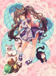  &gt;_&lt; 1girl animal_ears backpack bag blue_eyes blush brown_eyes brown_hair cat cat_ears closed_eyes collar collared_dress dress frilled_dress frilled_legwear frills full_body heart lace_background leaning_forward long_hair looking_at_viewer looking_up mary_janes nyangnyang open_mouth original pink_background purple_dress purple_shoes shoes short_sleeves socks solo twintails very_long_hair white_legwear wing_collar yarn_ball 