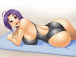  1girl ahoge ass bare_shoulders beach breasts competition_swimsuit derivative_work huge_breasts idolmaster kawanuma_uotsuri looking_at_viewer lying miura_azusa nail_polish on_side one-piece_swimsuit purple_hair red_eyes sideboob smile solo swimsuit thighs 