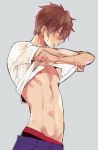  1boy blush boxers brown_eyes brown_hair cowboy_shot ensemble_stars! looking_at_viewer male_focus morisawa_chiaki nipples shirt_lift solo sweat underwear undressing 