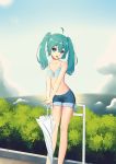  1girl aqua_eyes aqua_hair bikini bikini_top closed_umbrella denim denim_shorts hatsune_miku highres long_hair looking_at_viewer md5_mismatch short_shorts shorts solo striped striped_bikini swimsuit twintails umbrella vocaloid 