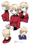  1girl absurdres blonde_hair blue_eyes braid character_sheet chuzenji collared_shirt commentary_request cup darjeeling flying_sweatdrops girls_und_panzer highres jacket long_sleeves military_jacket multiple_views necktie pinky_out red_jacket school_uniform shirt short_hair sketch smile sweater teacup tied_hair twin_braids v-neck white_background white_shirt 