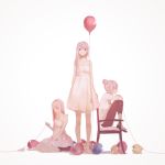  3girls balloon bare_shoulders barefoot between_legs boots chair closed_eyes collarbone dress female hair_bun hand_between_legs head_wreath holding just_be_friends_(vocaloid) long_hair megurine_luka multiple_girls multiple_persona muted_color pink_hair red_eyes simple_background sitting sleeveless sleeveless_dress spencer_sais string sundress vocaloid wariza white_background 