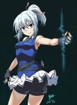  1girl blue_eyes blue_hair bluesy_fluesy dated fingerless_gloves gloves hair_ribbon highres nishiumi_yuuta ponytail ribbon short_hair shorts signature smile solo taboo_tattoo typo 