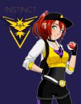  10s 1girl baseball_cap blue_background blush eienrose female_protagonist_(pokemon_go) fingerless_gloves gloves green_eyes hat highres long_hair poke_ball pokemon pokemon_(game) pokemon_go ponytail redhead simple_background solo zapdos 