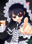  &gt;:d 1girl :d black_hair black_ribbon blush cross-laced_clothes eyepatch fang flat_chest foreshortening frilled_sleeves frills gothic_lolita lolita_fashion long_hair looking_at_viewer mirai_(senran_kagura) neck_ribbon open_mouth pointing pointing_at_viewer ribbon senran_kagura senran_kagura_(series) smile solo tomoe_(symbol) umbrella upper_body violet_eyes watarui 